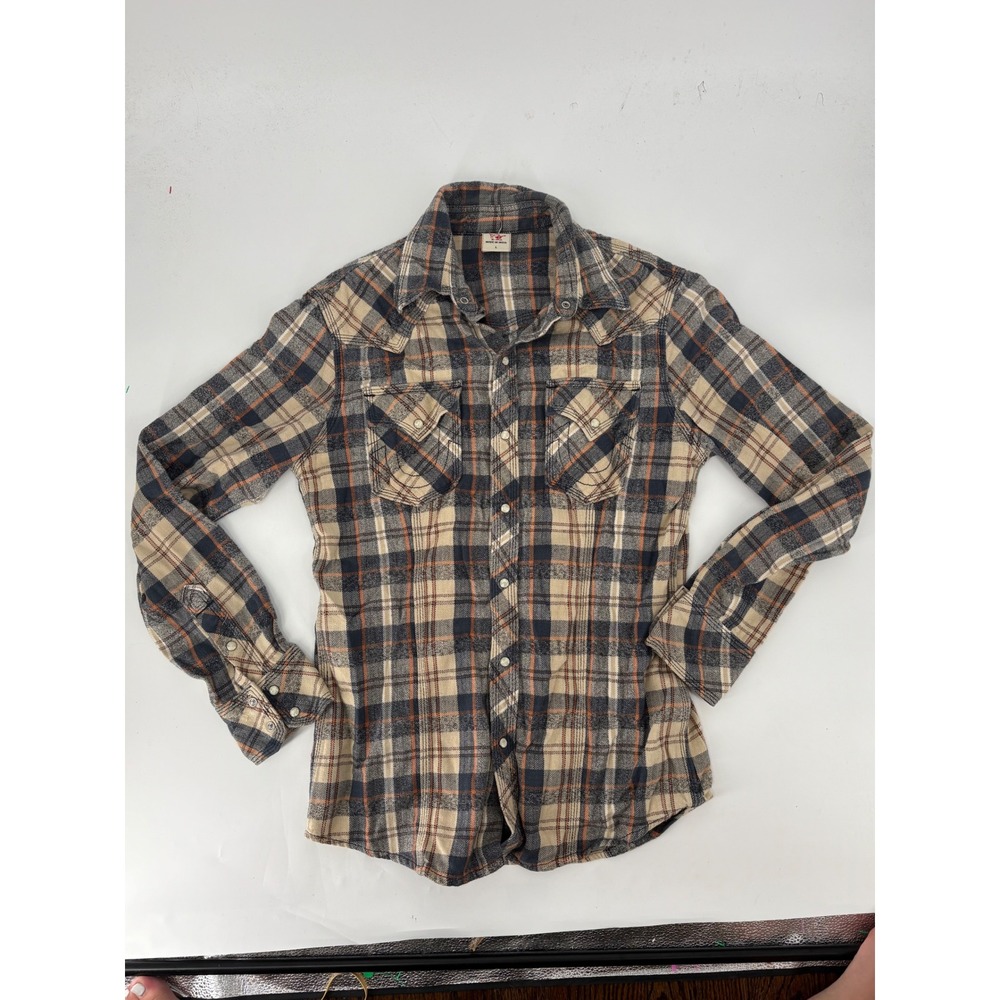 True Religion Mens Plaid Western Flannel Shirt Pearl Snap Blue Orange Large - Picture 2 of 6